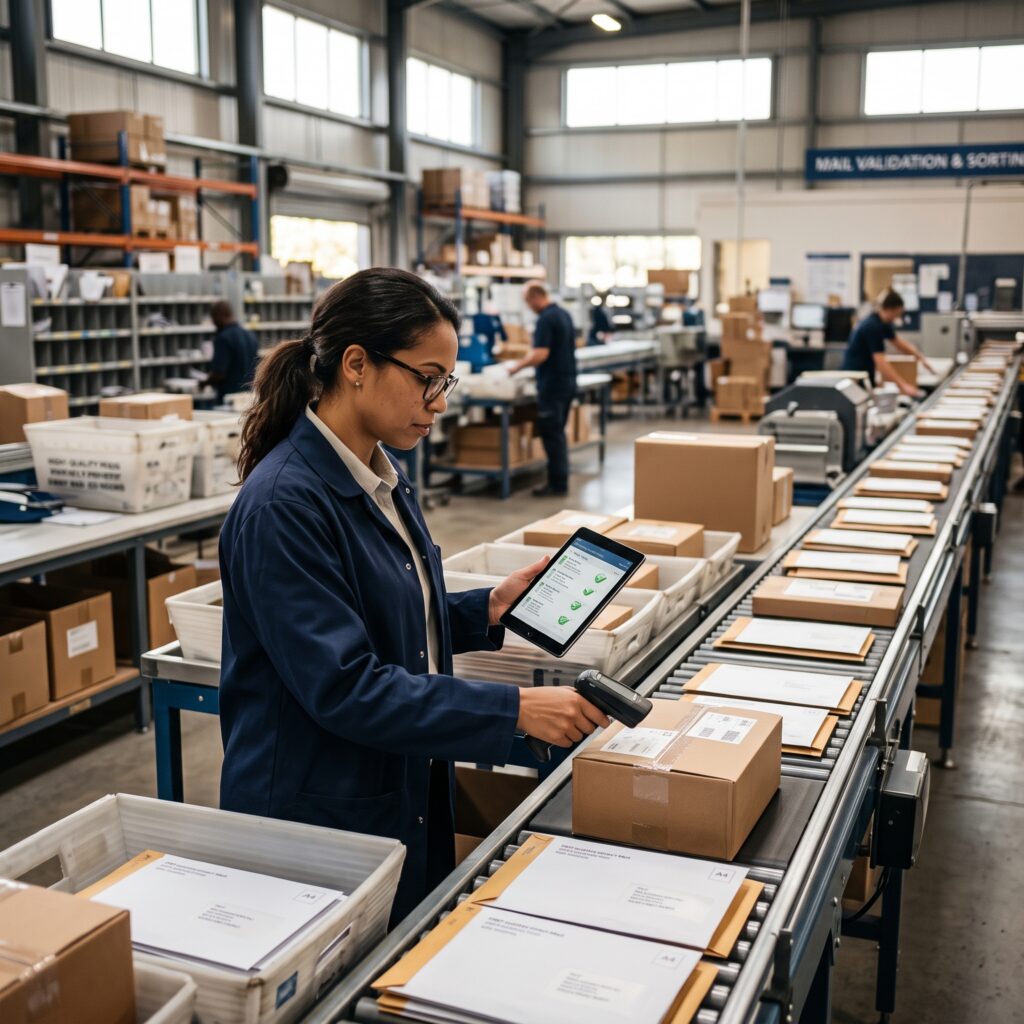 Dashboard reviewing 100,000 mail records for address validation service, highlighting duplicates, returns, and mover updates