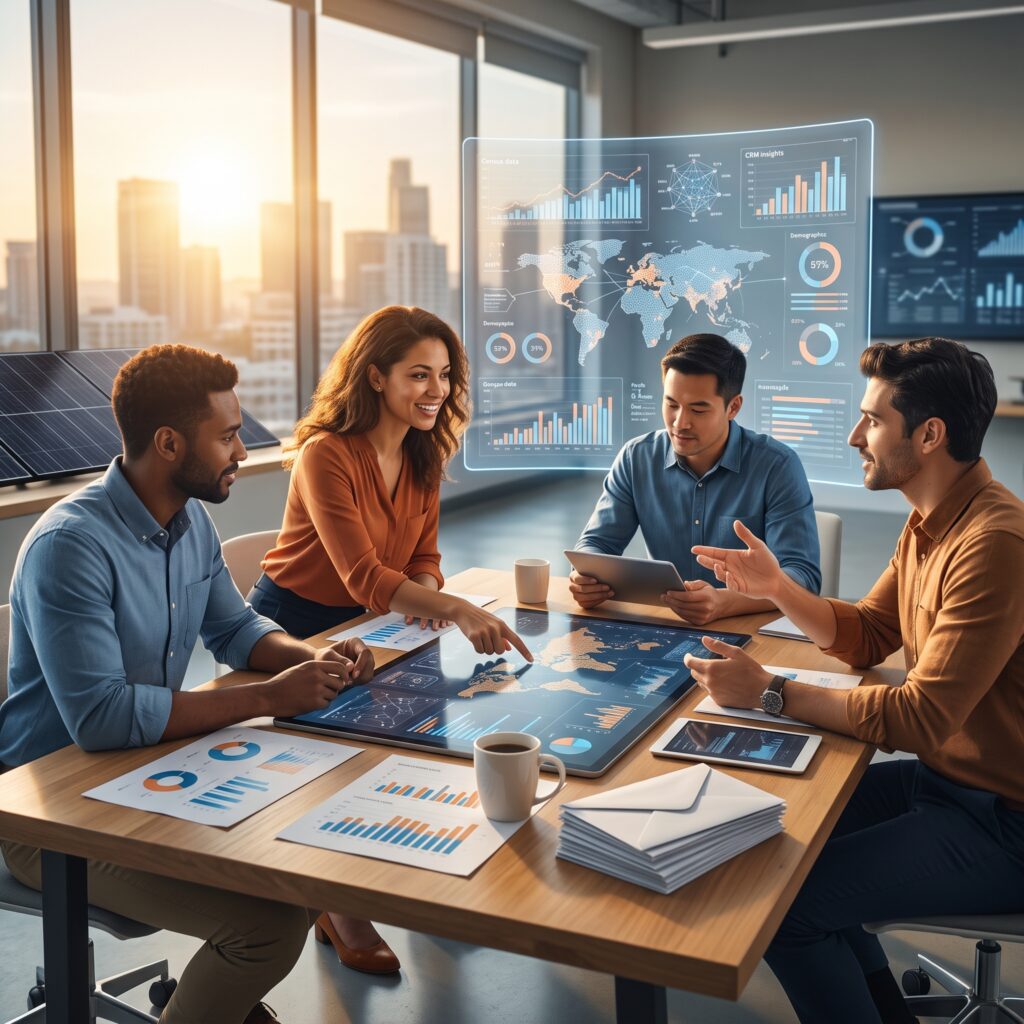 Marketer reviewing consumer demographics charts and household data to improve audience targeting and reduce waste